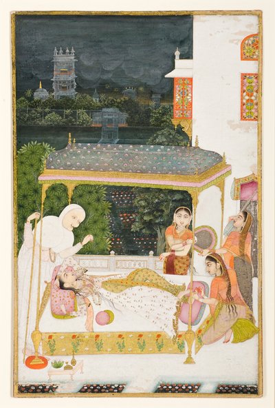 A Young Woman on a Canopied Bed Outdoors on a Stormy Night, Has Her Feet Massaged by Unbekannt Unbekannt